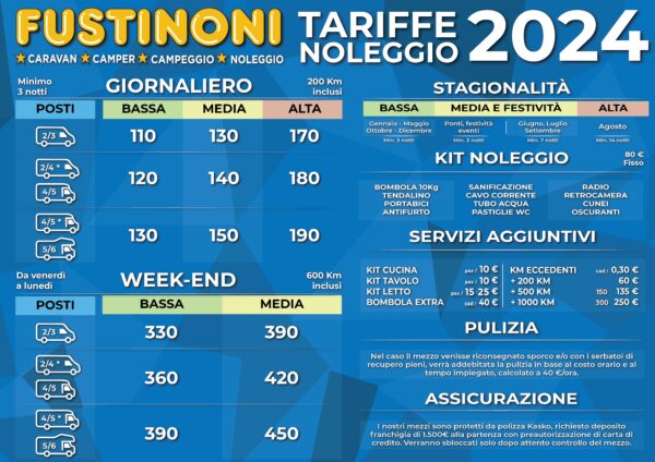 Tariffe Nololeggio camper 2024 fustinoni sport Bergamo