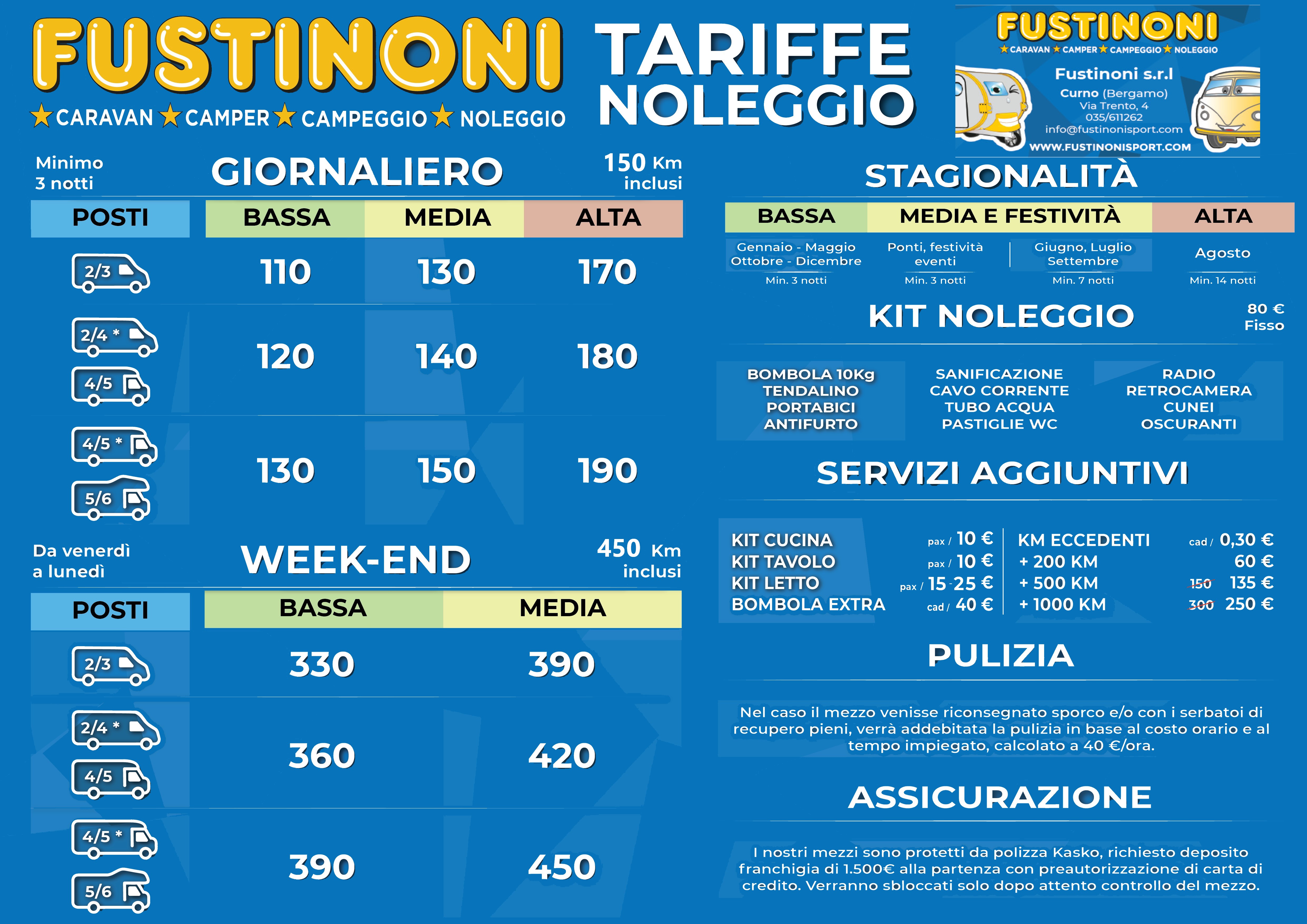 Tariffe Nololeggio camper 2025 fustinoni sport Bergamo